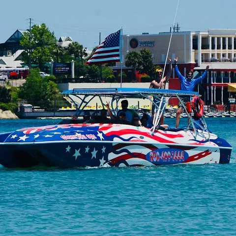 a small boat in a large body of water