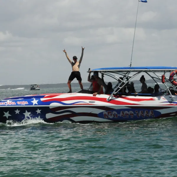 a group of people on a boat in the water